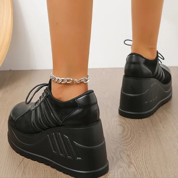 Women's Solid Color Platform Shoes, Lace Up Shallow Mouth Comfy Ankle Shoes, - Picture 4 of 4